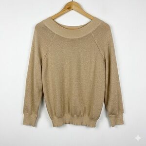Molly Bracken Gold Metallic Knit Sweater Tulle Sleeve Detail Size M/L